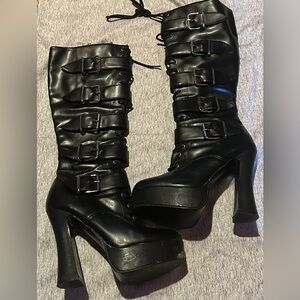 Women's Pleaser Demonia Black Buckle Platform Boots